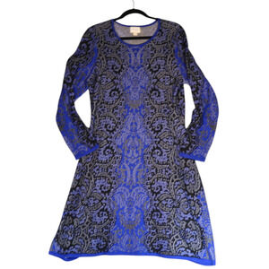 Beige by Eci Sweater Dress Womens Large Blue Floral Cotton Career Casual Boho